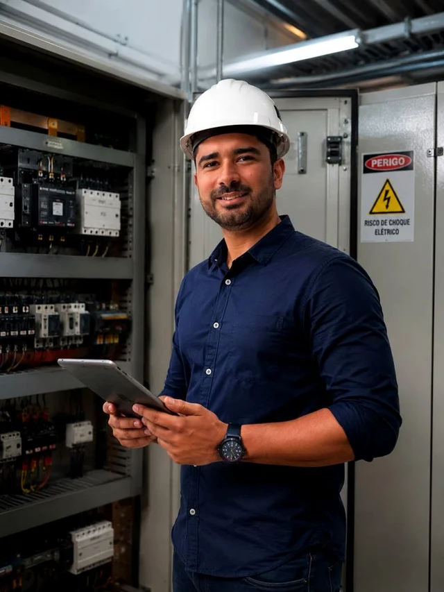 Técnico da Elektroauto Brasil em obra, conferindo o quadro de recarga